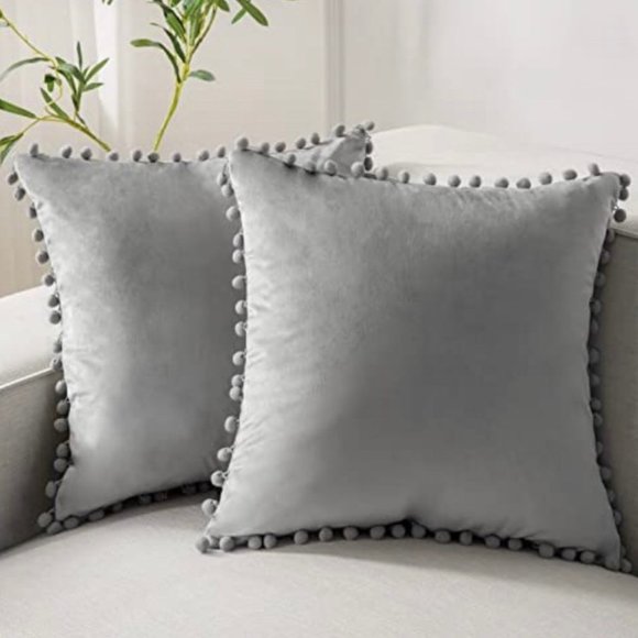 (Only Covers) Set of 2 Poms Poms Velvet Decorative Pillow Covers, Light Grey - Picture 1 of 2